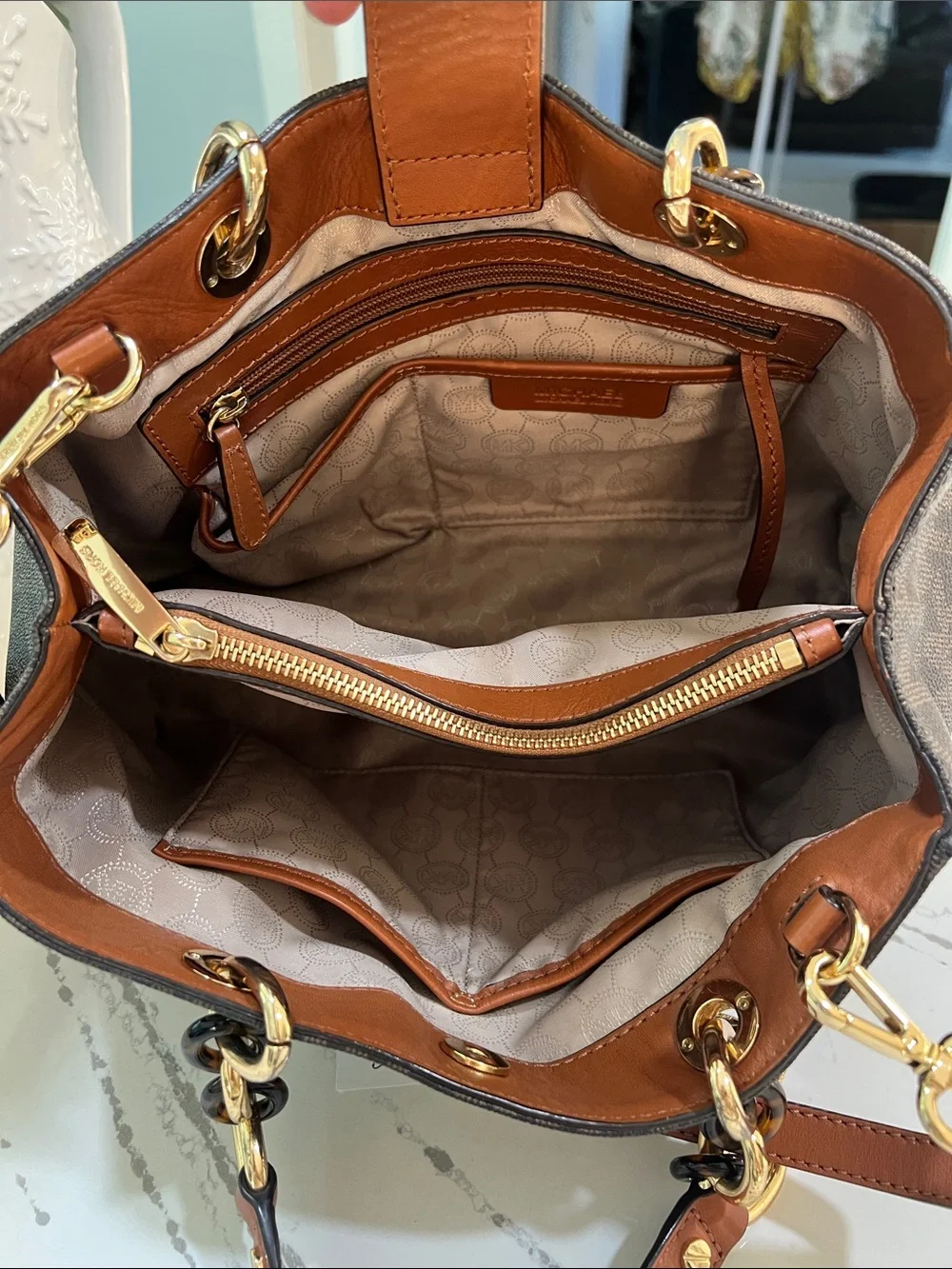 Michael Kors Brown MK Signature Shoulder Bag with Gold Hardware